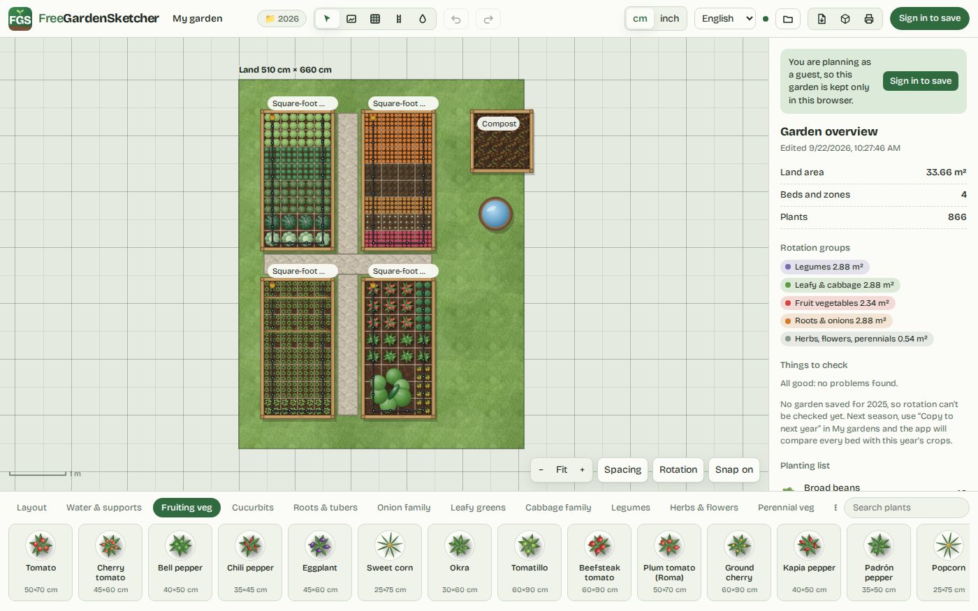 Garden plan with raised beds, square-foot planting and drip lines